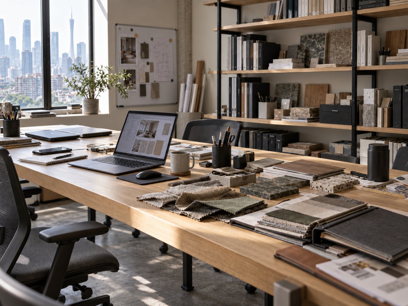Le bureau de Guangzhou, échantillons et plans sur la grande table