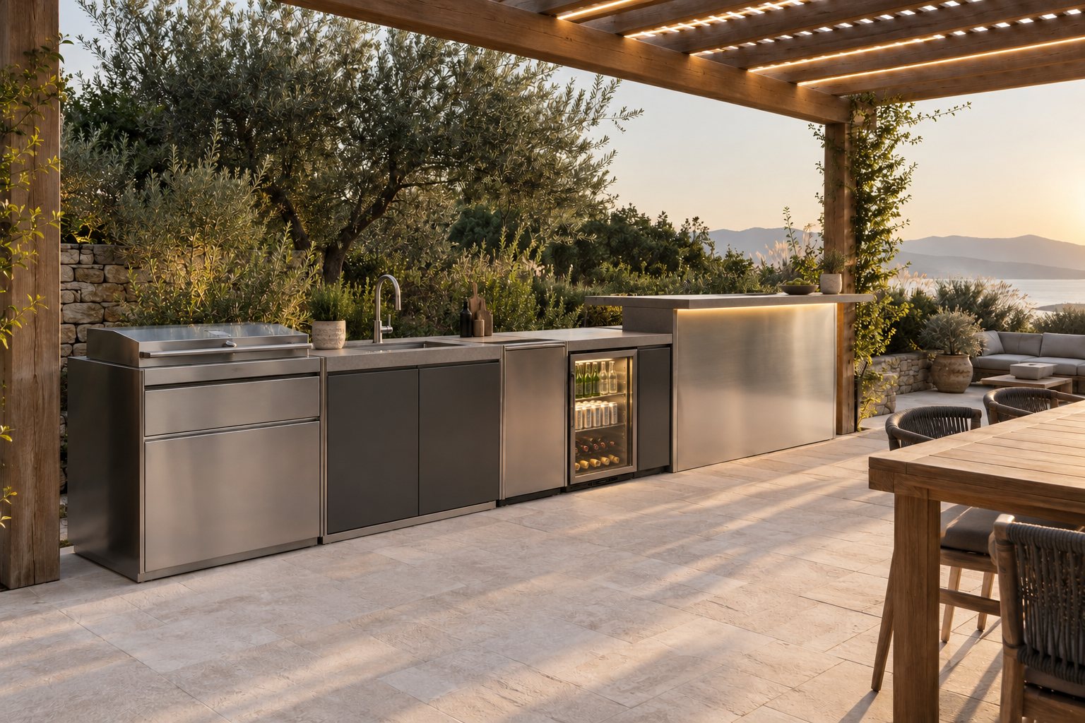 Cuisine extérieure complète sous pergola, quatre modules en ligne