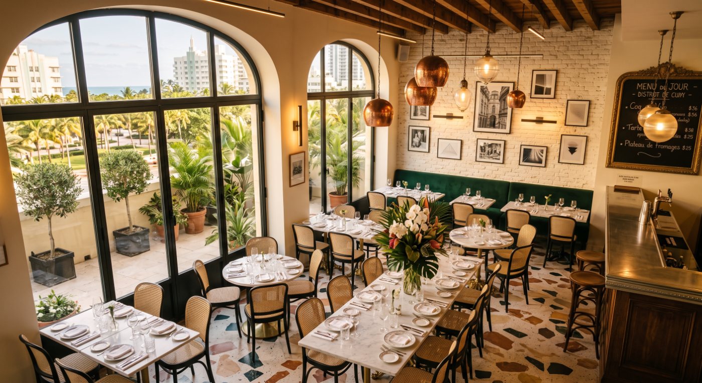 Salle de restaurant dressée avant le service