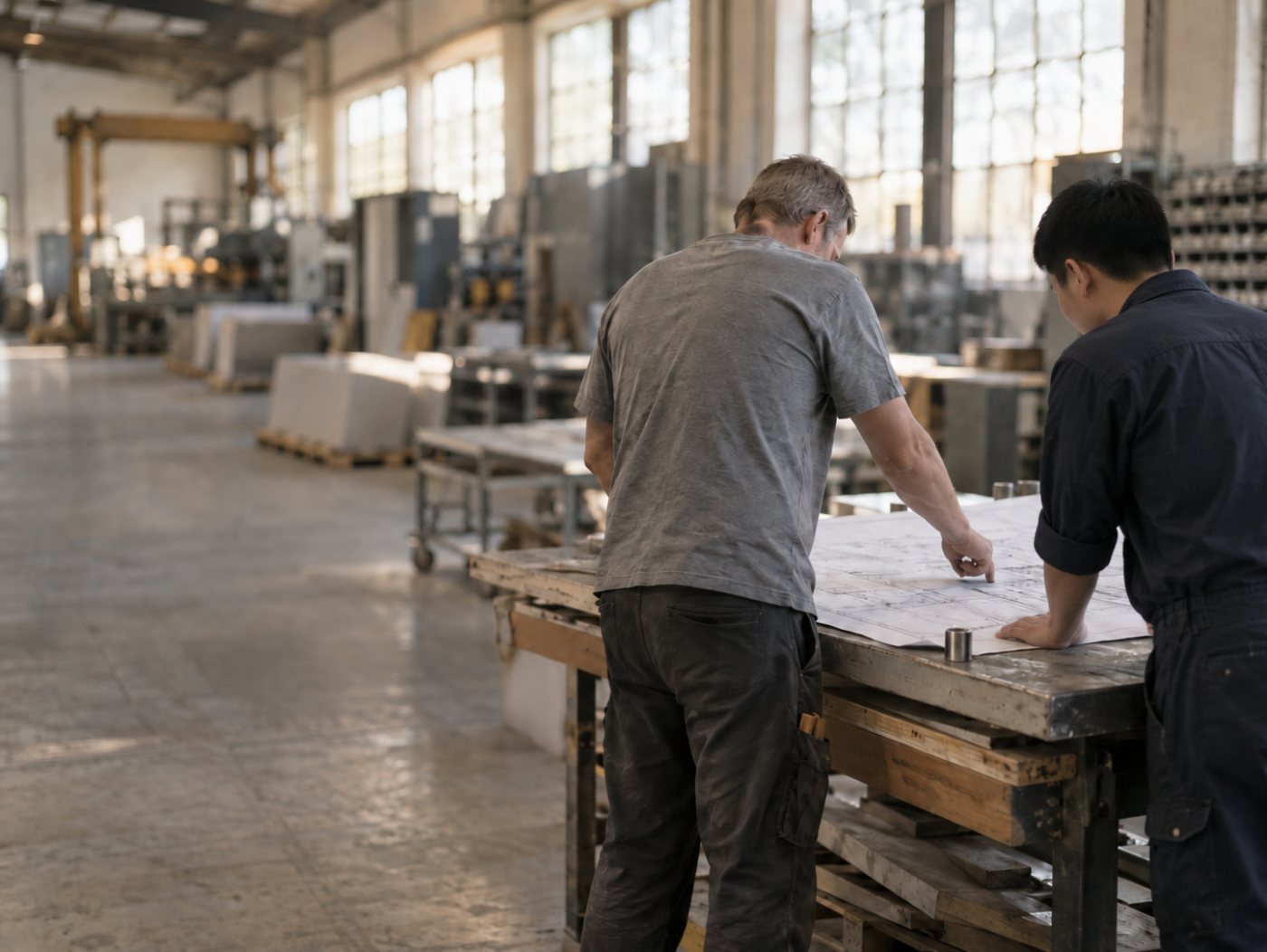Deux membres de l'équipe devant des plans dépliés en usine