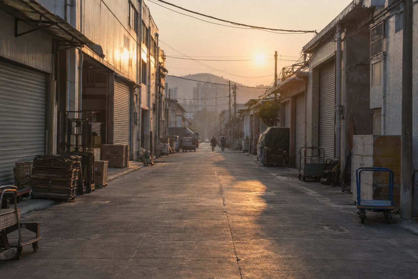 Rue de zone industrielle de Guangzhou en fin de journée